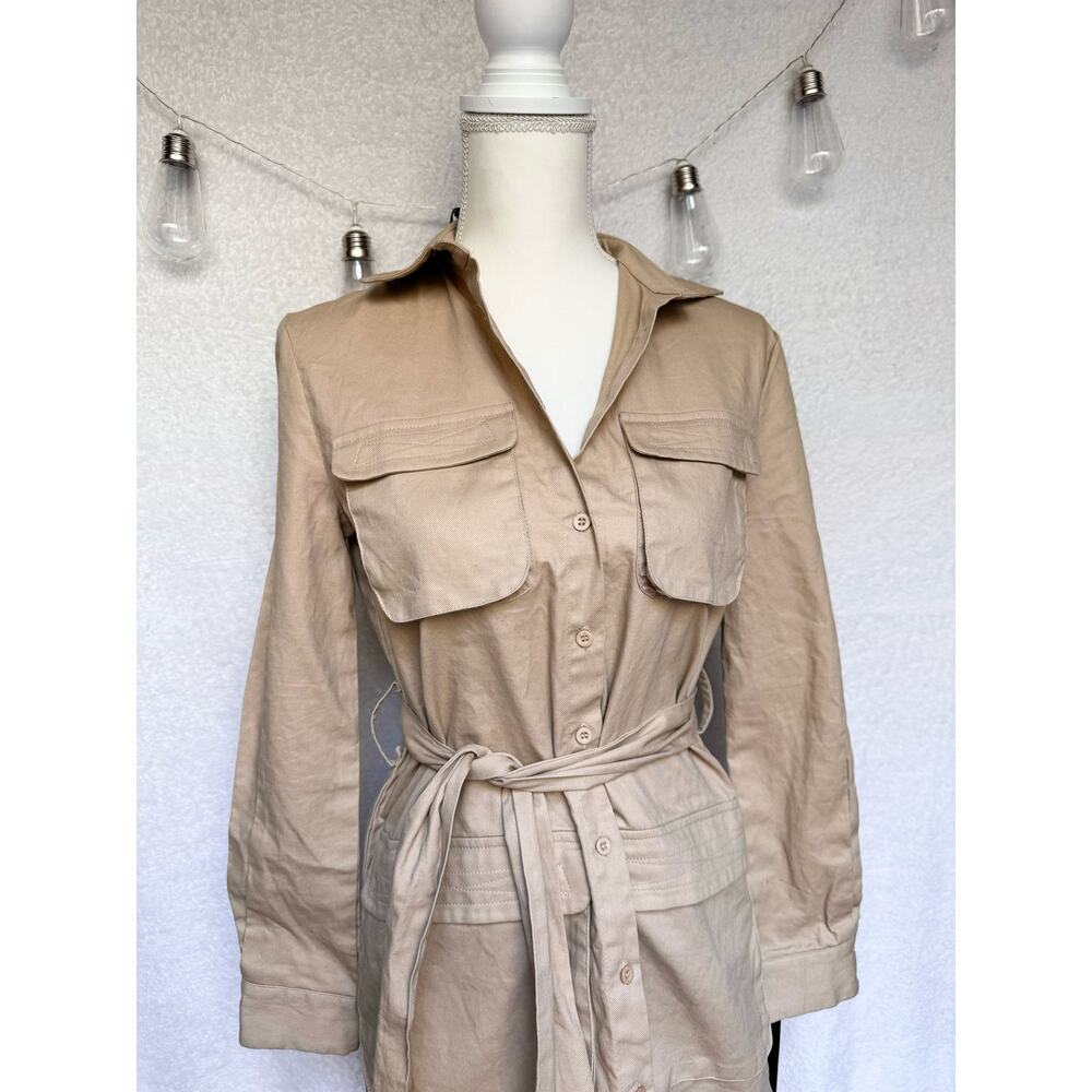 NWT Pretty Little Thing Fawn Khaki Utility Tie Waist Shirt Dress Women's Small - Picture 6 of 13